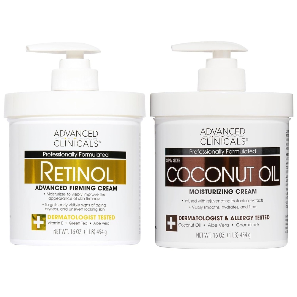 image:imageAdvanced Clinicals Hyaluronic Acid Moisturizer Fragrance Free Collagen Cream Face Moisturizer amp Body Lotion 2pc Skincare Set For Women amp Men Helps Reduce Appearance Of Crepey Skin amp Dry Skin 2pcRetinol Coconut Oil Cream Bundle