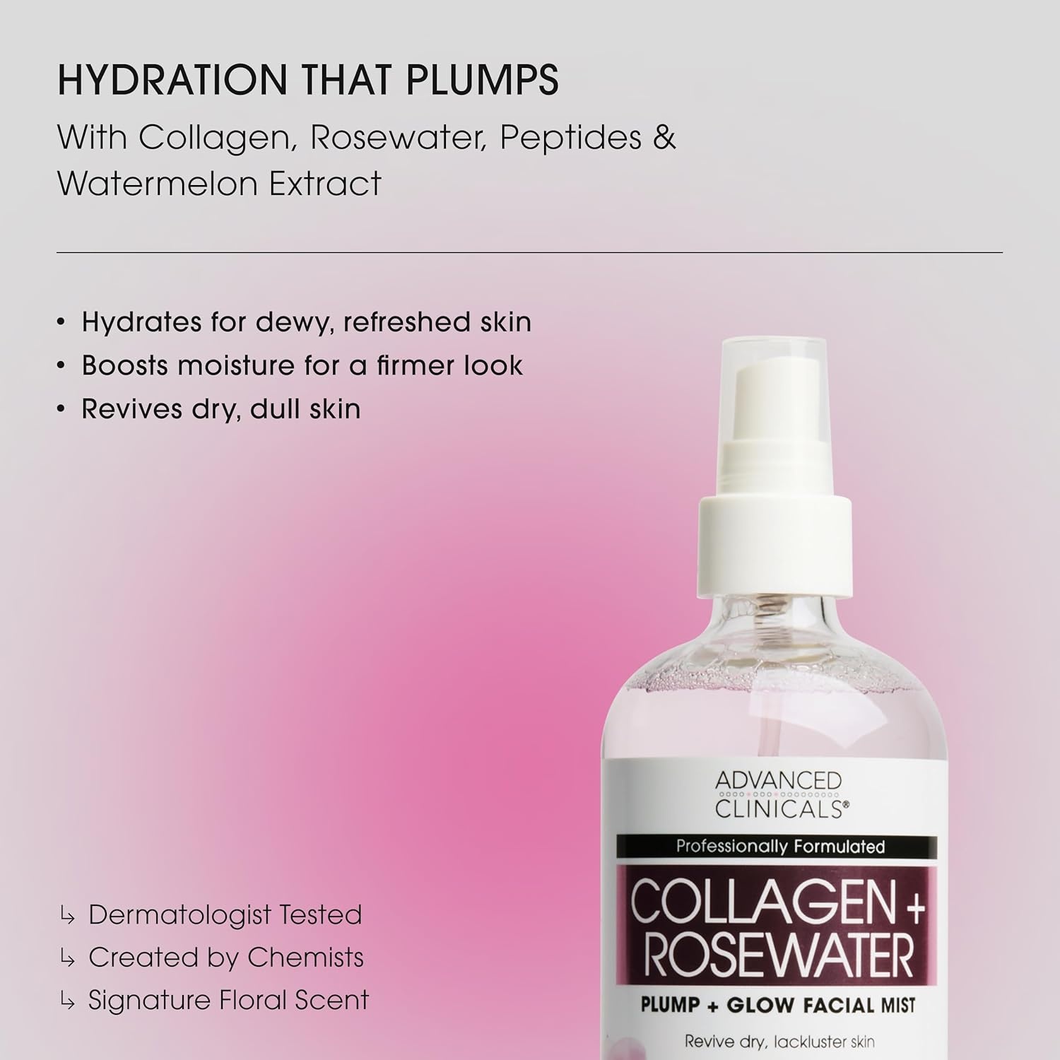 image:imageAdvanced Clinicals Vitamin C Glow Facial Mist Toner For Face W Rosewater Ferulic Acid amp Peptides Vitamin C Antioxidant Moisturizer Face Mist Provides Instant Skin Hydration NonGreasy 8 Fl OzCollagen Rosewater Mist
