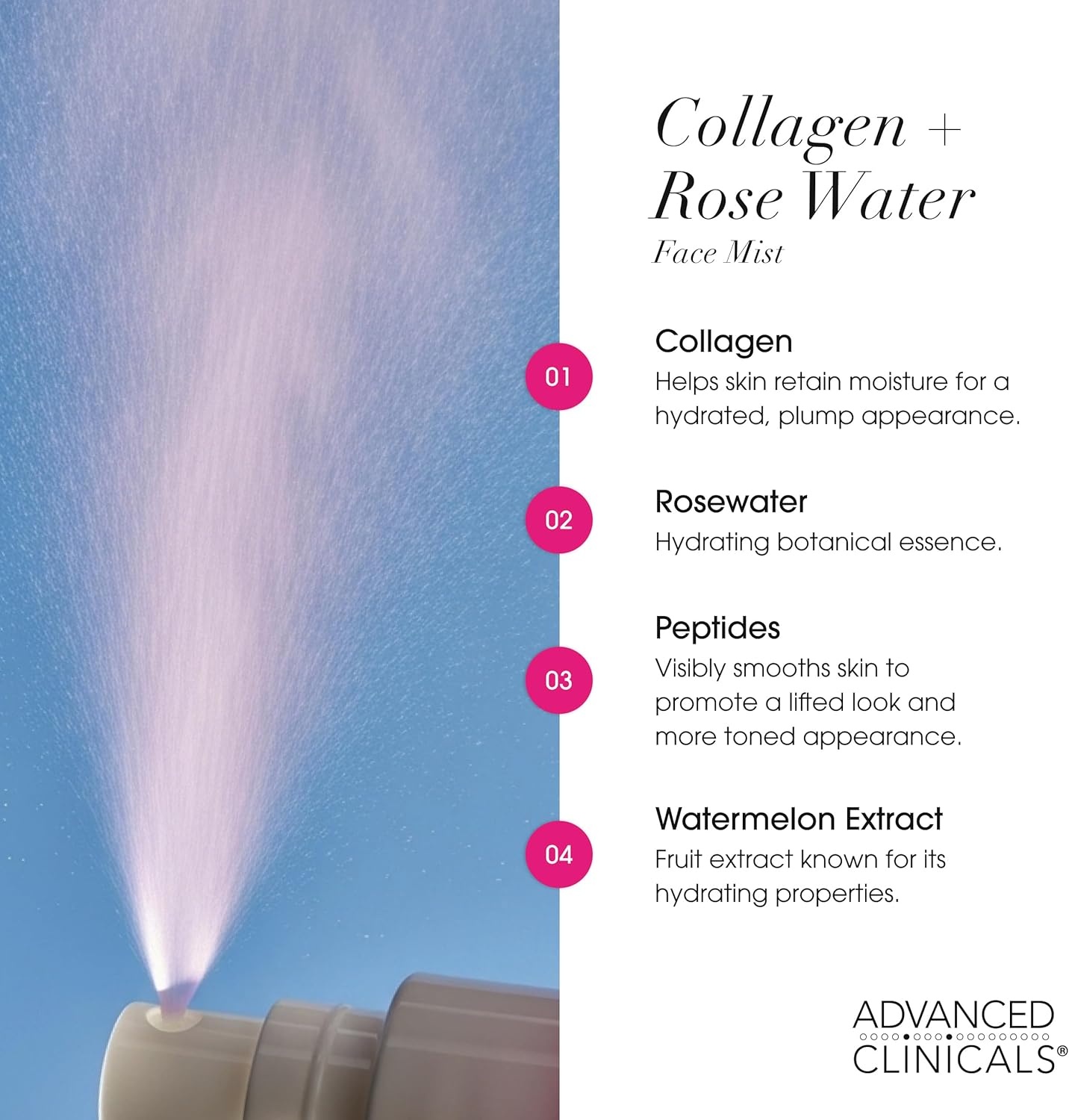 image:imageAdvanced Clinicals Vitamin C Glow Facial Mist Toner For Face W Rosewater Ferulic Acid amp Peptides Vitamin C Antioxidant Moisturizer Face Mist Provides Instant Skin Hydration NonGreasy 8 Fl OzCollagen Rosewater Mist