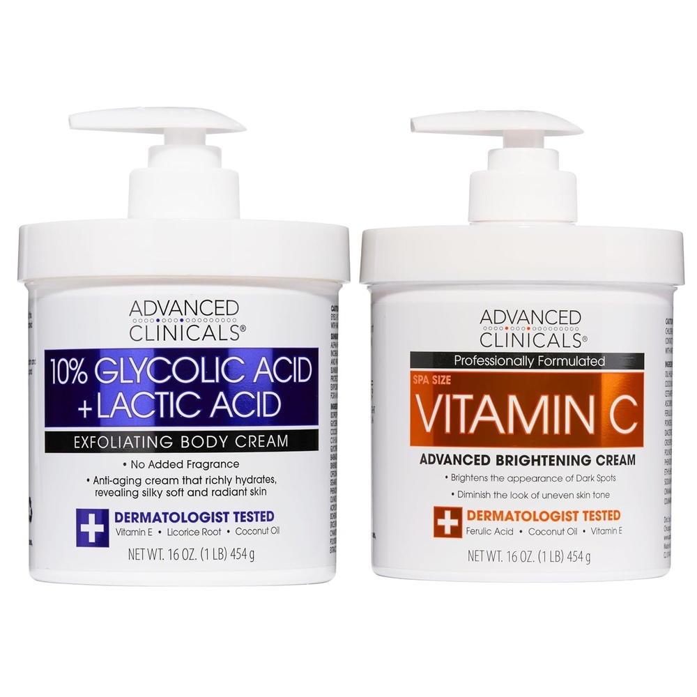 image:imageAdvanced Clinicals Brightening Vitamin C Body Cream AHA Exfoliating 10 Glycolic Acid amp Lactic Acid Lotion 2PC Skincare Set For Women amp Men To Reduce Appearance Of Dark Spots amp Uneven Skin Tone10 Glycolic Acid Vitamin C Cream Set